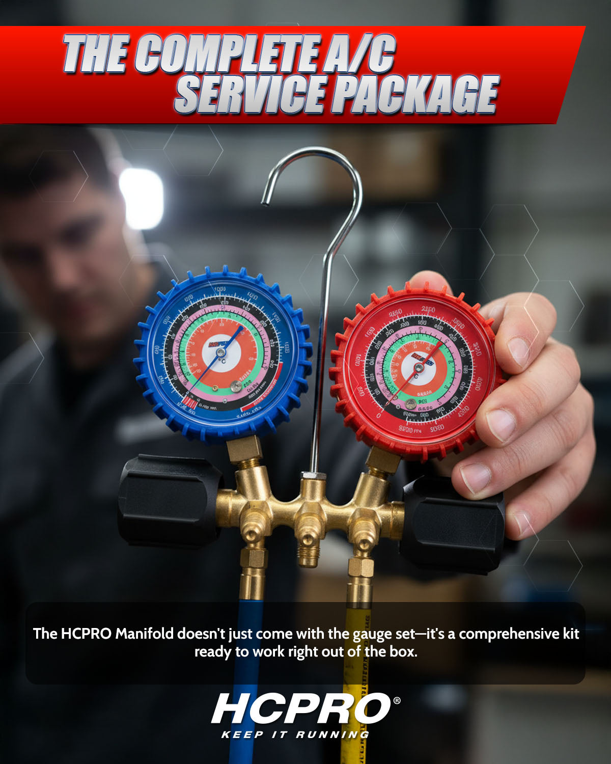 HCPRO A/C service package with manifolds and gauges against a blurred background