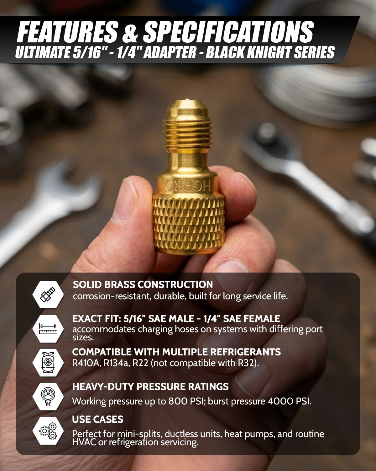 HCAD140 Adapter 5/16" SAE Hose x 1/4" SAE Port – Brass Fitting