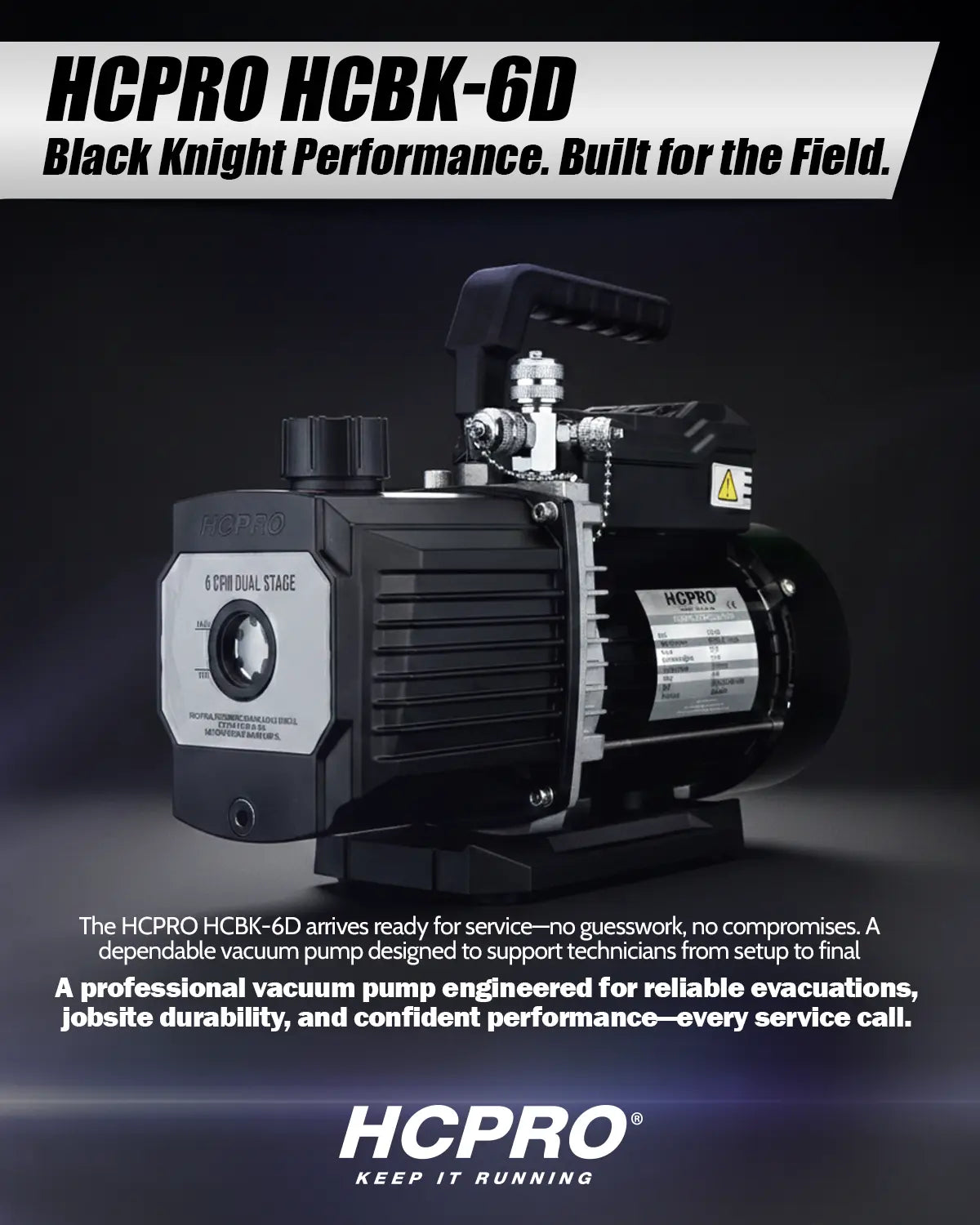 HCPro HCBK-6D vacuum pump with branding and product description on a dark background