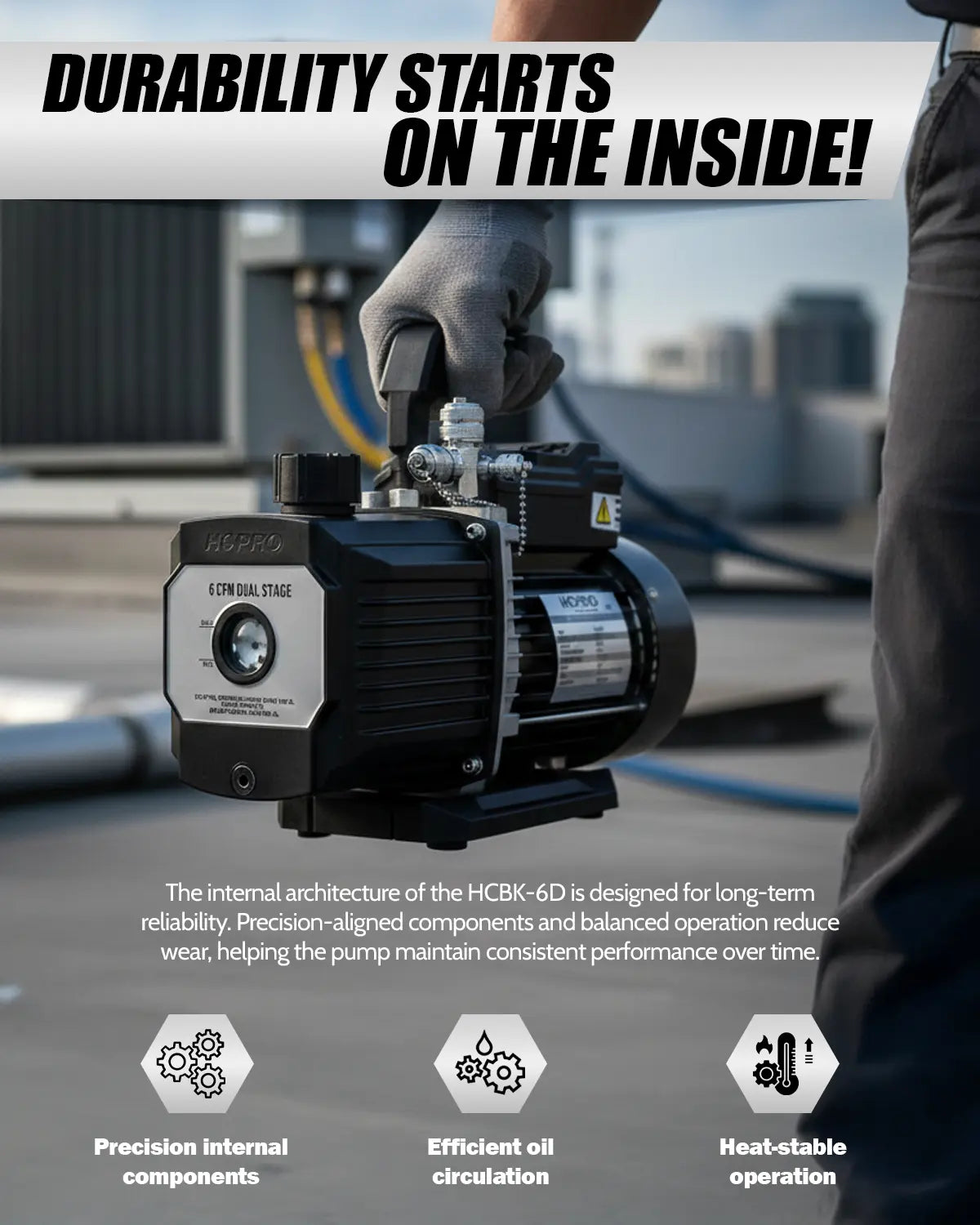 Person holding a pump with durability text and features highlighted