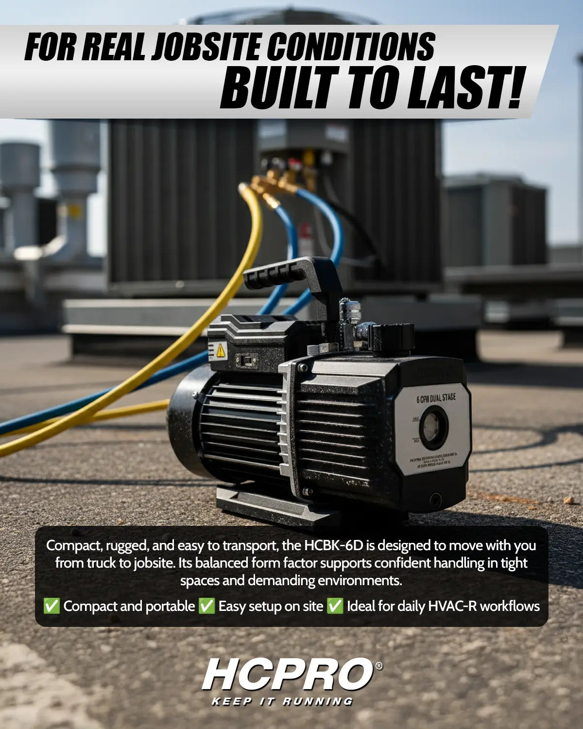 HVAC component on a rooftop with text highlighting jobsite conditions and HCPRO branding.