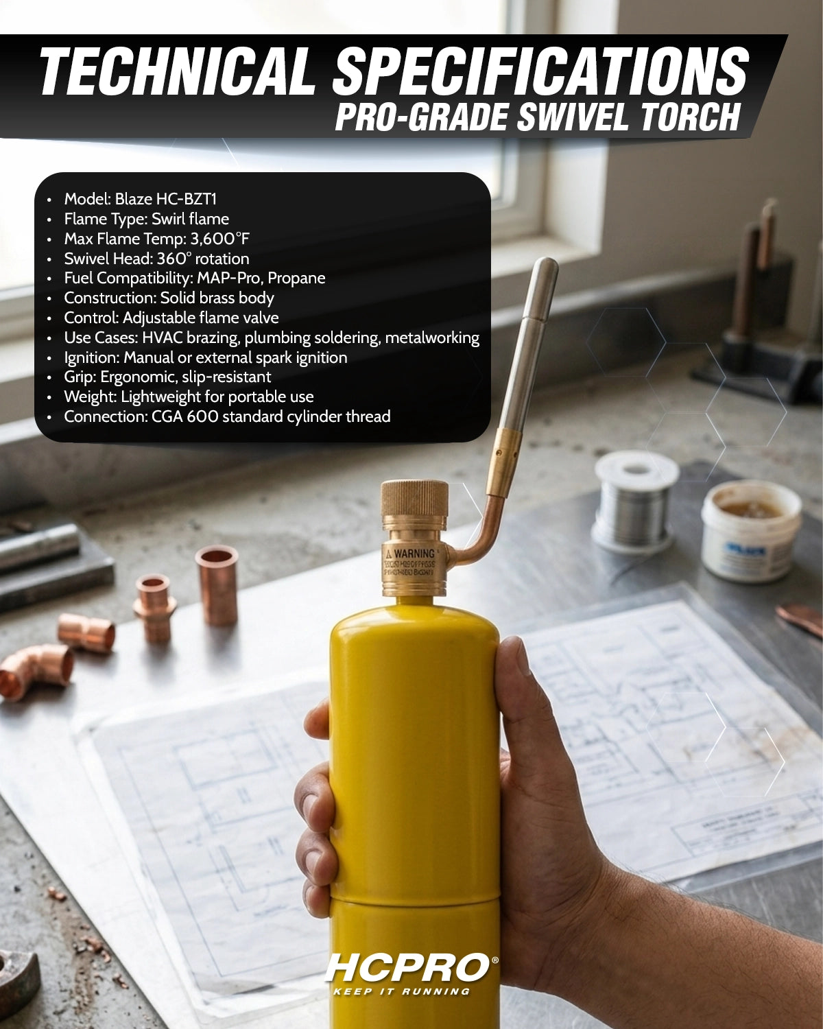 Blaze HC-BZT1 Pro Torch – 360° Swivel, Swirl Flame, Flame Control