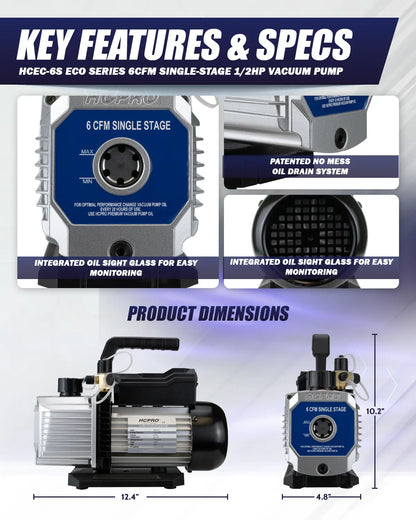 HCEC-6S ECO Series 6 CFM Vacuum Pump 1/2HP Single Stage 115V
