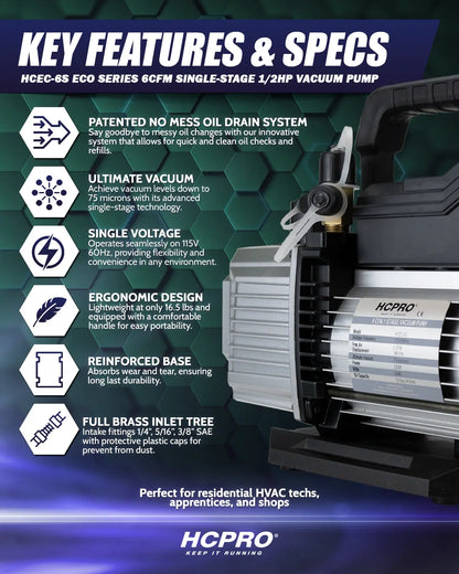 HCEC-6S ECO Series 6 CFM Vacuum Pump 1/2HP Single Stage 115V