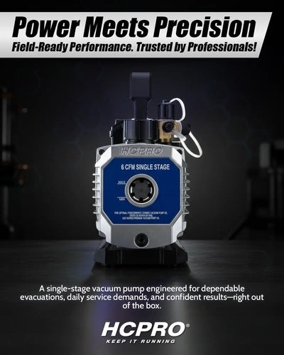 HCPRO single-stage vacuum pump with promotional text on a dark background
