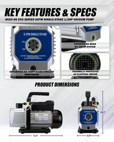 Vacuum pump with key features and specifications on a white background