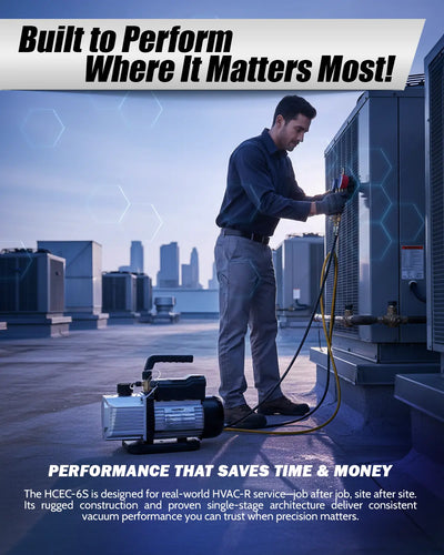 Person working on HVAC equipment with text about performance and savings.