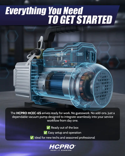 Vacuum pump with transparent design on a dark background, featuring HCPro branding.