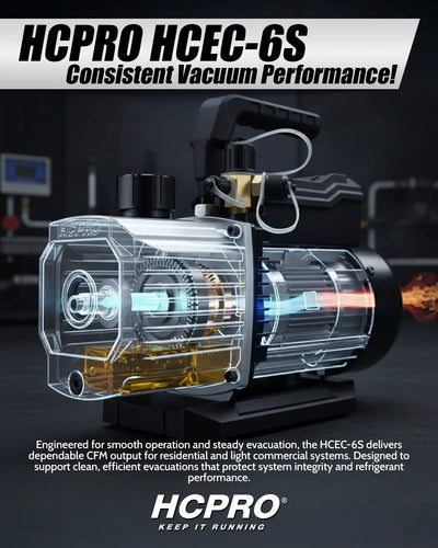HCPRO HCEC-6S vacuum pump with clear side view on a dark background