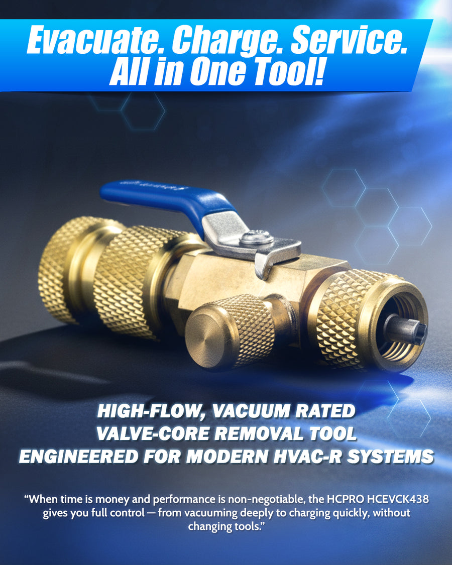 Vacuum-Rated Valve Core Removal Tool — 1/4" Female × 3/8" Male (Side Port)