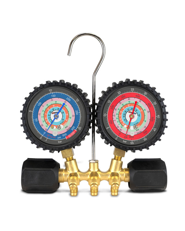 HC-2V2C5AB Manifold Gauge Set – R410A/R22/R404A/R134a, °C, Anti-Blowback Hoses
