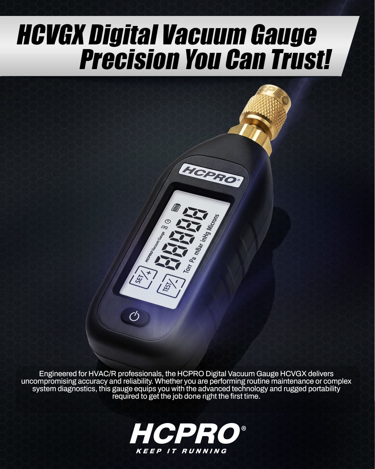 HCPRO HCVGX digital vacuum gauge, LCD reading microns, Torr, Pa, mBar and inHg