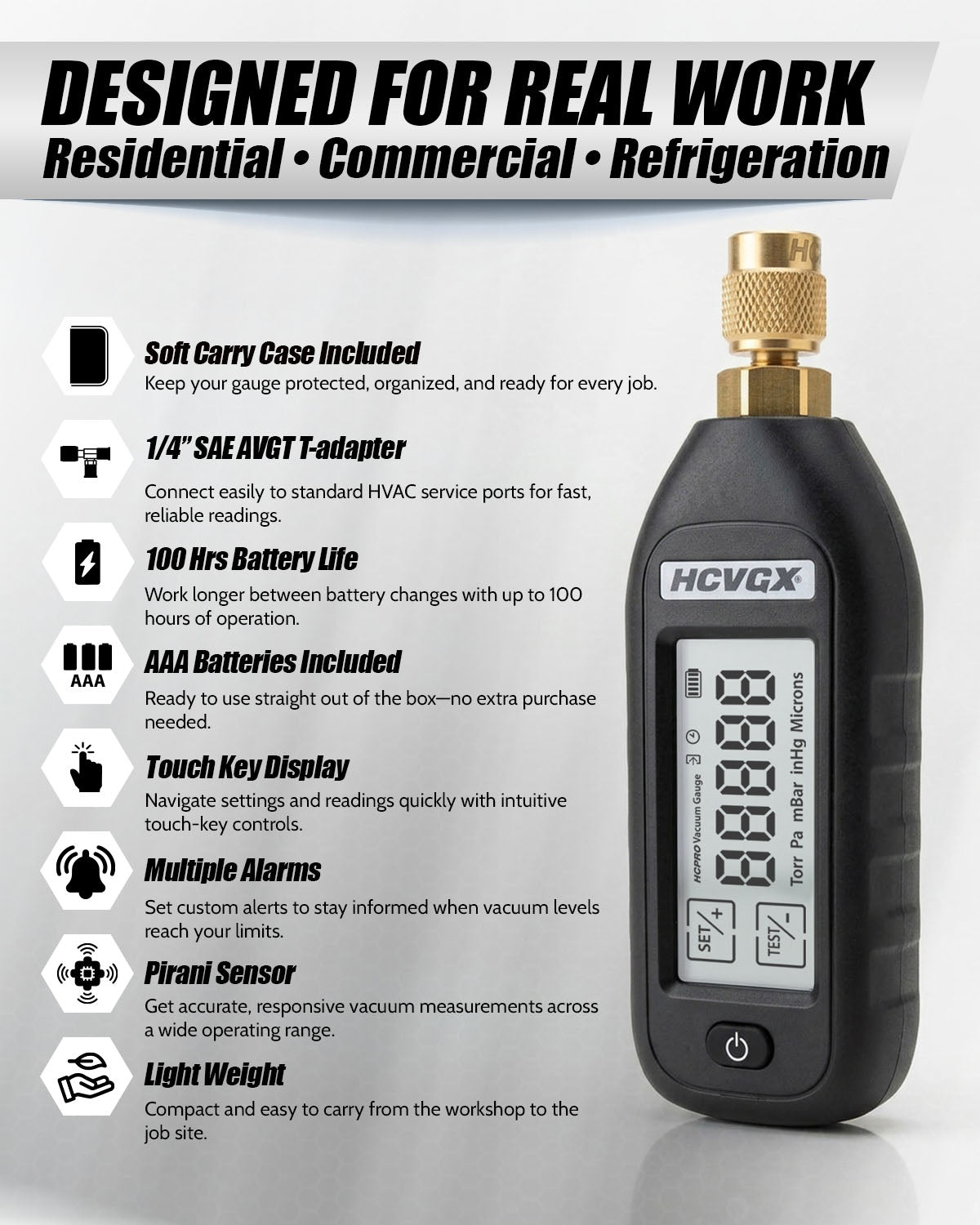 HCVGX vacuum gauge features: carry case, 1/4 in SAE T-adapter, 100 hr battery, alarms