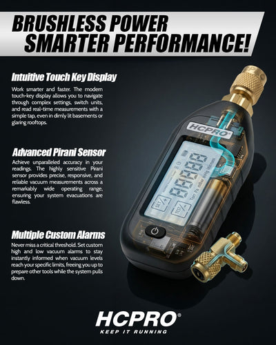 Cutaway of HCPRO HCVGX vacuum gauge showing Pirani sensor and touch-key display
