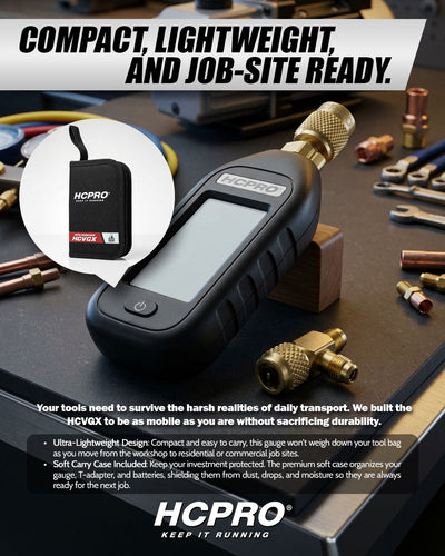 HCPRO HCVGX vacuum gauge and padded soft carry case on a technician bench