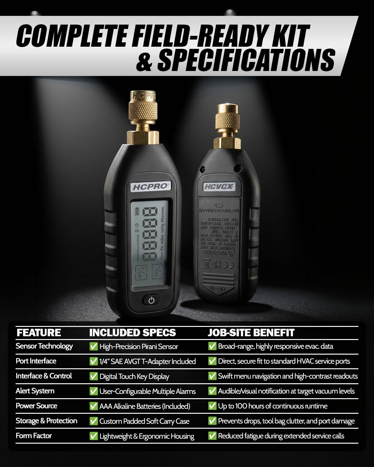 HCVGX digital vacuum gauge front and back with specifications table