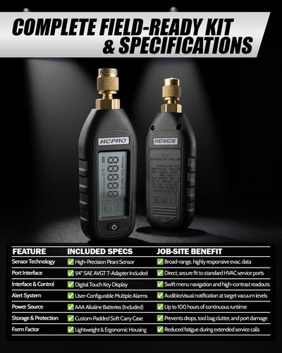 HCVGX digital vacuum gauge front and back with specifications table