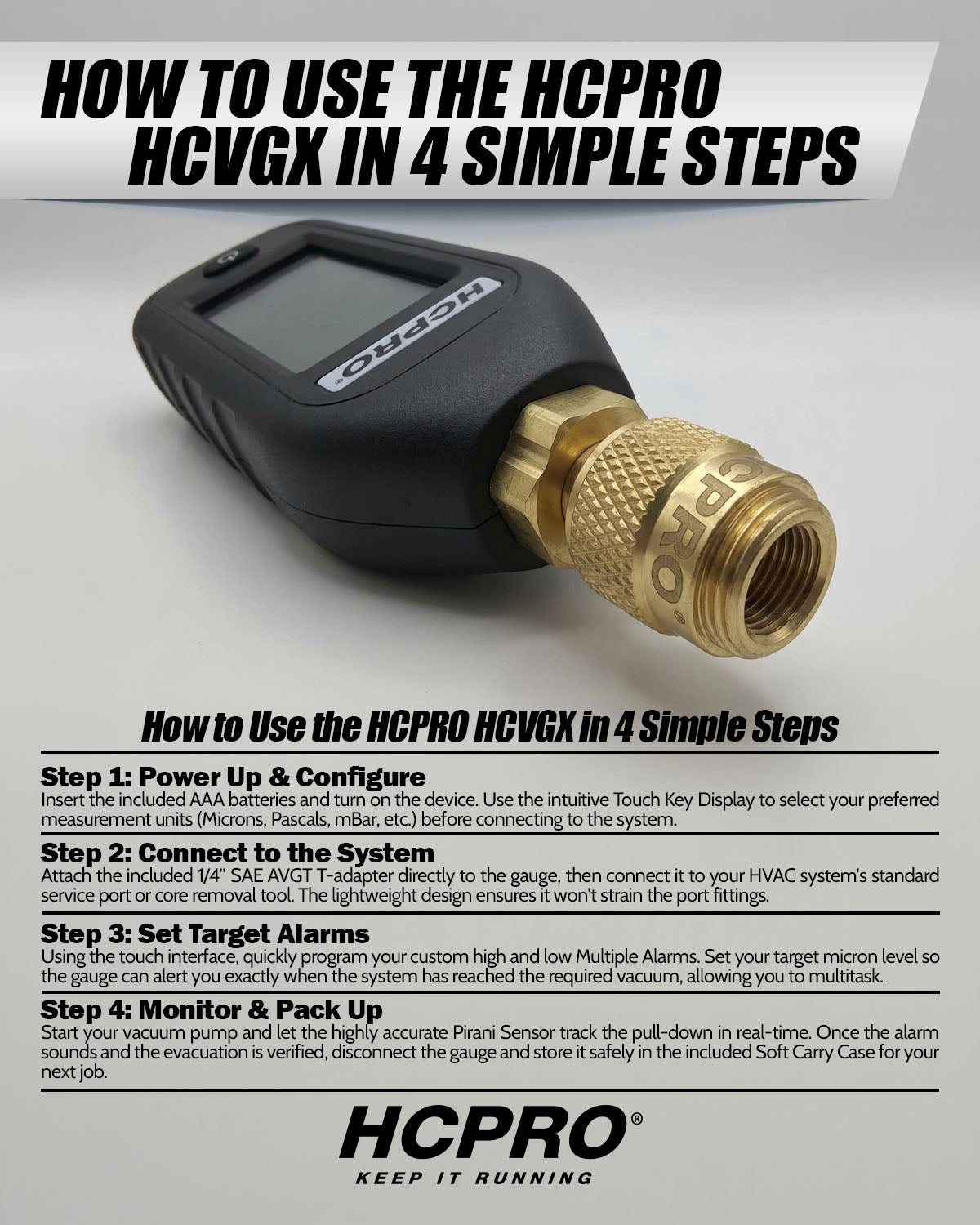 How to use the HCPRO HCVGX vacuum gauge in 4 steps, brass SAE coupler close-up