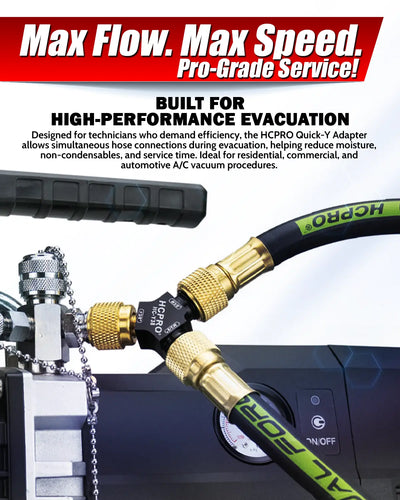 High-performance evacuation tool with hoses and adapter, featuring text about max flow, max speed, and pro-grade service.