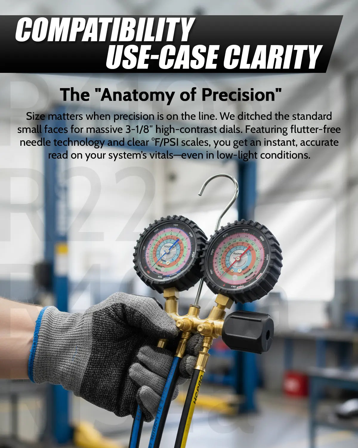 HVAC Manifold Gauge Set R410a/R22/R404a/R134a − 3‑1/8″ Gauges & 5 ft Hoses