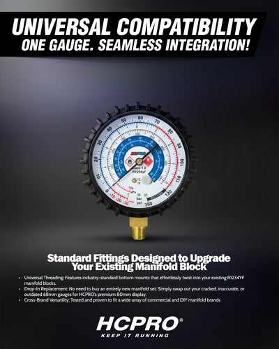 Universal R1234YF Replacement Gauge – 80mm High, Low & Set Options