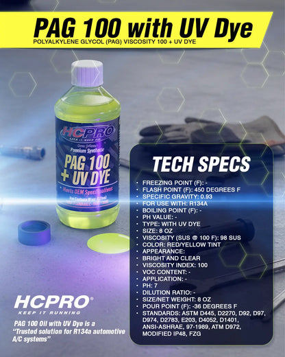 PAG 100 Oil w/ UV Dye – 8 oz for R134a AC Systems | Leak Detection