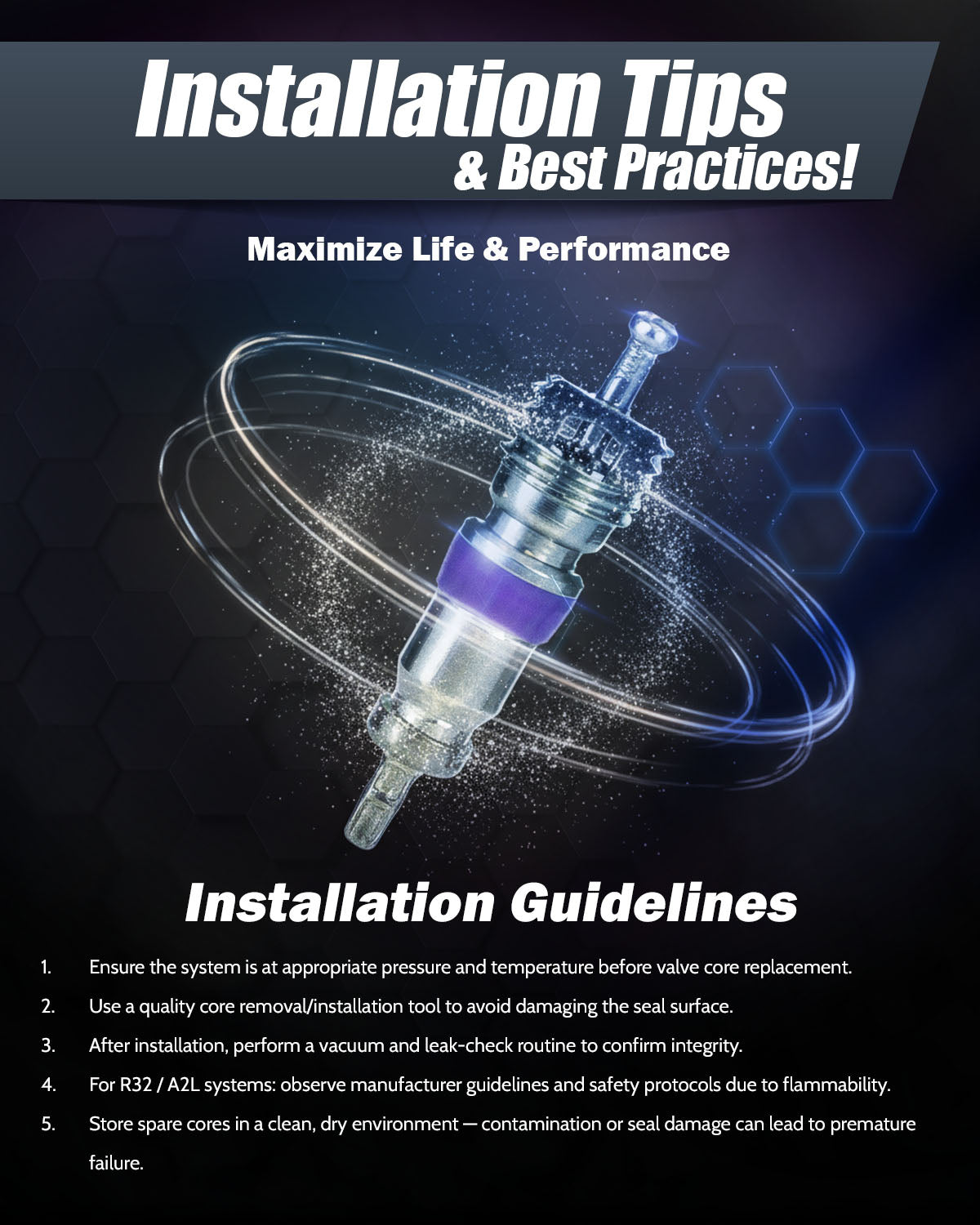 RAV3 High Pressure Valve Core – 800 PSI, Teflon Seal, R410a/R32