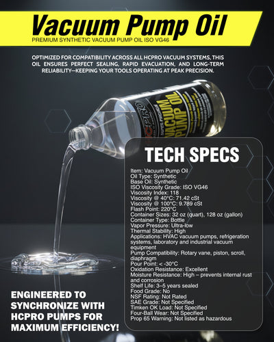 Vacuum pump oil bottle with technical specifications on a dark background