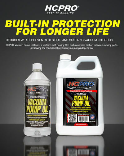 Two bottles of HCPRO vacuum pump oil with text highlighting its features on a dark background.