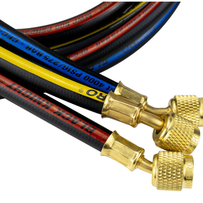 HC-2V2F5BK Brass 2-Way Manifold Gauge Set R410a, R22, R404a, R134a °F PSI, 3-1/8" Gauges, (5) 60” Standard ¼” Premium Black Hoses Rated 4000 PSI Burst, 800 PSI image 5