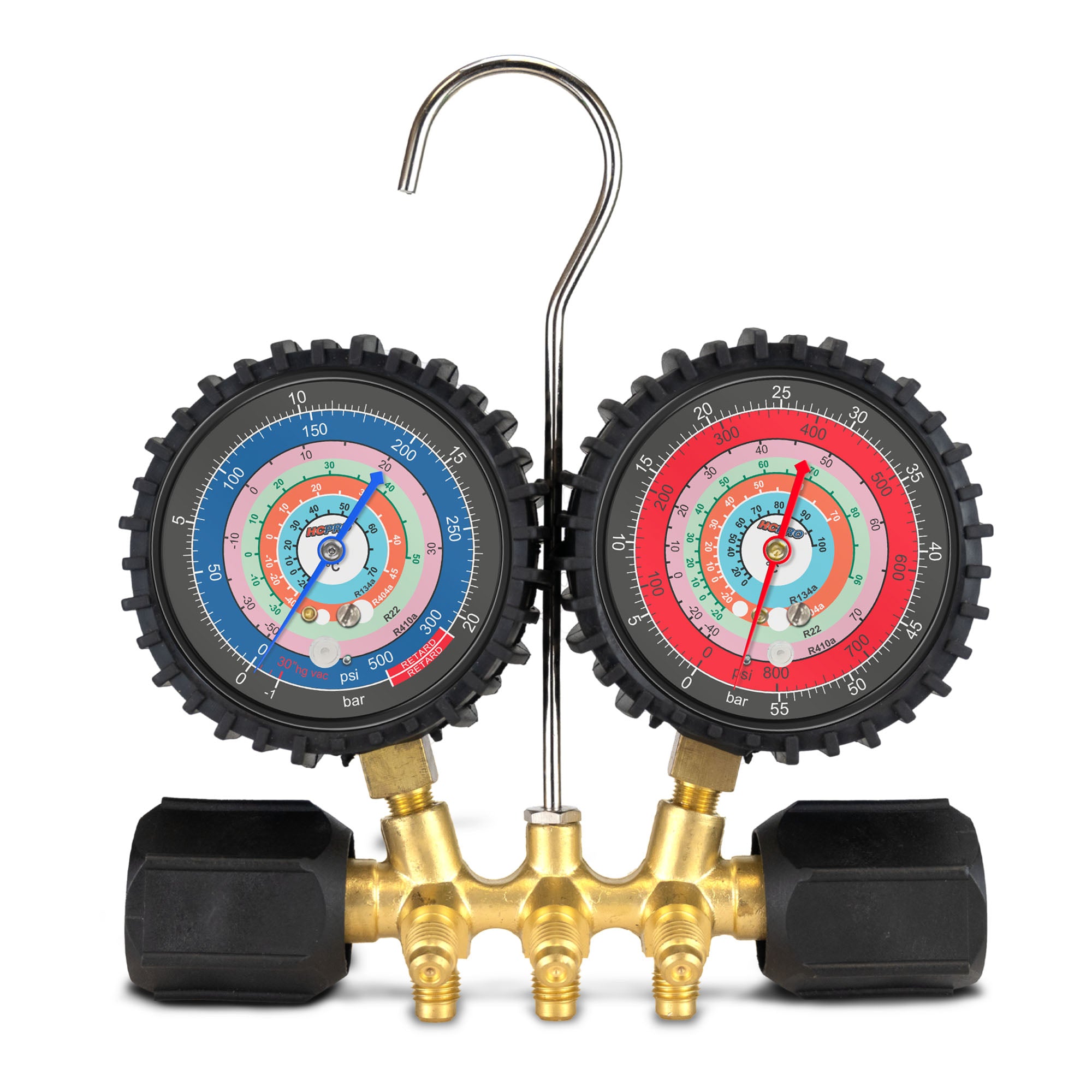 HC-2V2C5BV Brass 2-Way Manifold Gauge Set R410a, R22, R404a, R134a °C PSI, 3-1/8" Gauges, (5) 60” Ball-Valve ¼” Premium Black Hoses Rated 4000 PSI Burst, 800 PSI image 1