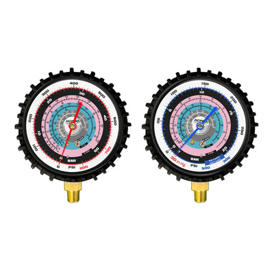 HC-2V2Y5LP Brass 2-Way Manifold Gauge Set R32, R454b, R410a °F/°C PSI, 3-1/8" Gauges, (5) 60” Standard ¼” Premium Black Hoses Rated 4000 PSI Burst, 800 PSI image 4