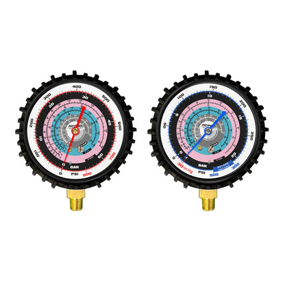 HC-2V2Y5LP Brass 2-Way Manifold Gauge Set R32, R454b, R410a °F/°C PSI, 3-1/8" Gauges, (5) 60” Standard ¼” Premium Black Hoses Rated 4000 PSI Burst, 800 PSI image 4