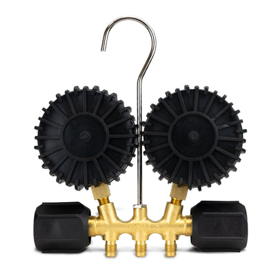 HC-2V2C5AB Brass 2-Way Manifold Gauge Set R410a, R22, R404a, R134a °C PSI, 3-1/8" Gauges, (5) 60” Anti-Blowback ¼” Premium Black Hoses Rated 4000 PSI Burst, 800 PSI image 3