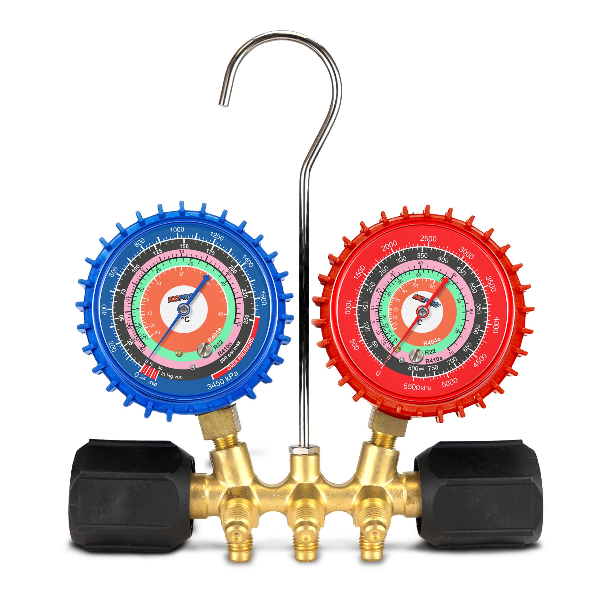 HC-E2V1C3P Brass 2-Way Manifold Gauge Set R410a, R22, R404a °C PSI, 3-1/8" Gauges, (3) 36” Standard ¼” Premium Black Hoses Rated 4000 PSI Burst, 800 PSI image 1