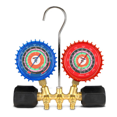 HC-E2V1C3P Brass 2-Way Manifold Gauge Set R410a, R22, R404a °C PSI, 3-1/8" Gauges, (3) 36” Standard ¼” Premium Black Hoses Rated 4000 PSI Burst, 800 PSI image 1